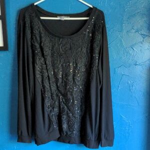NY Collection Black Sequin Lace Long Sleeve Top Women's 2XL